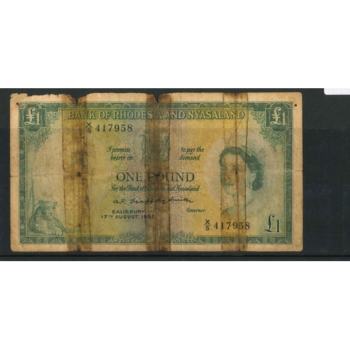 151 - Banknotes; Rhodesia and Nyasaland; 1956 &pound;1 signed Grafftey-Smith, Krause 21a, in very poor con... 