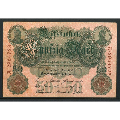 86 - Banknotes; Germany; 1910 50m, F/F+, Krause 41.