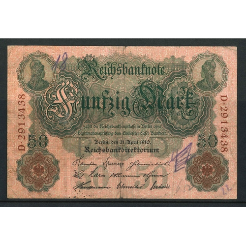 87 - Banknotes; Germany; 1910 50m, about F (some graffiti on obverse), Krause 41.... 