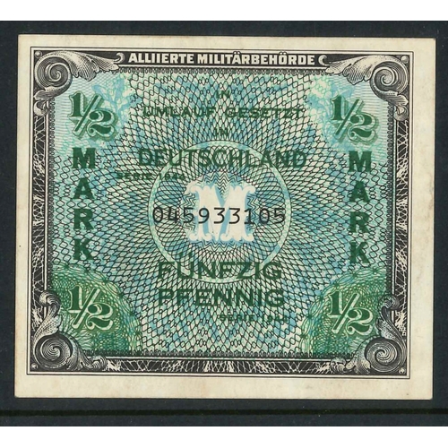 102 - Banknotes; Germany (Allied Occupation); 1944 &frac12;m with 9-digit serial number, VF+, Krause 191a.... 