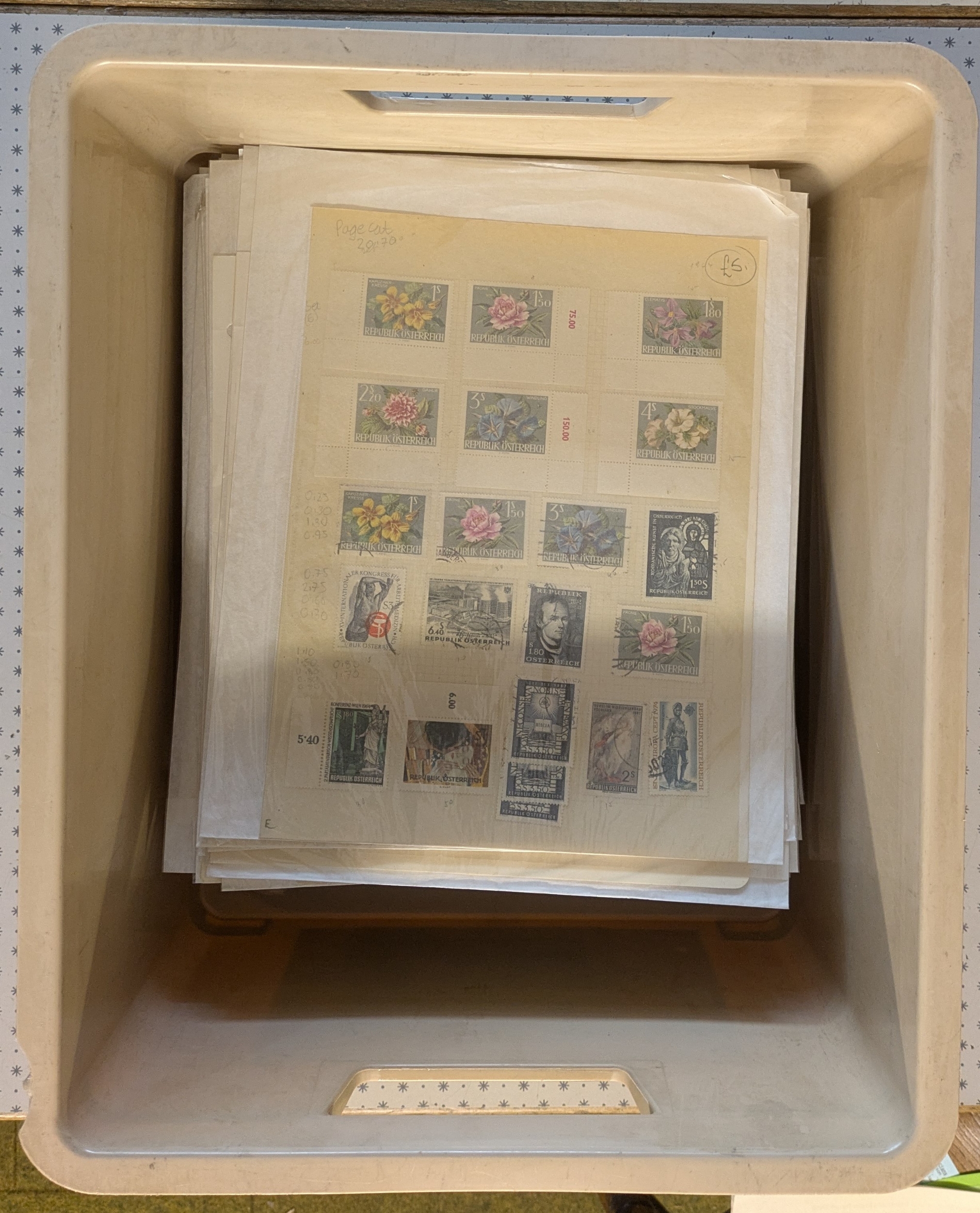 Austria; box of album pages priced up and bagged for retail sale, with ...