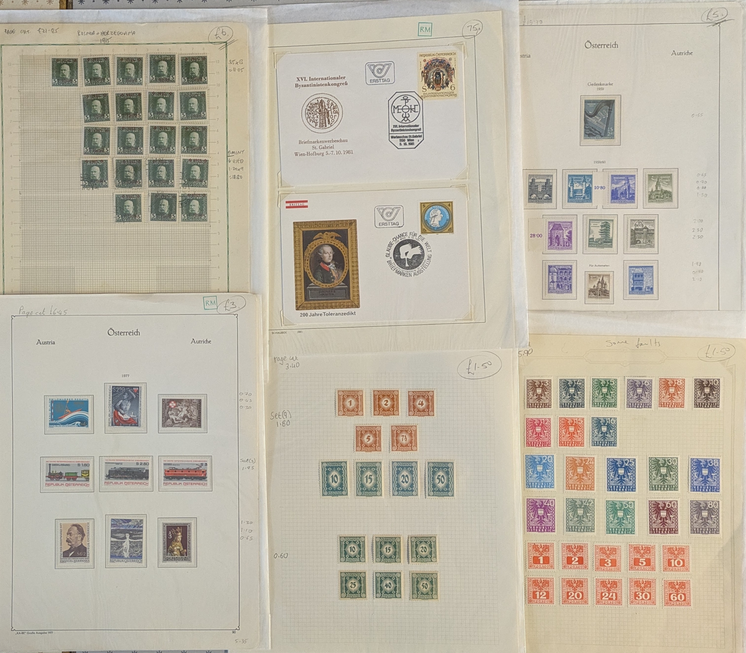 Austria; box of album pages priced up and bagged for retail sale, with ...