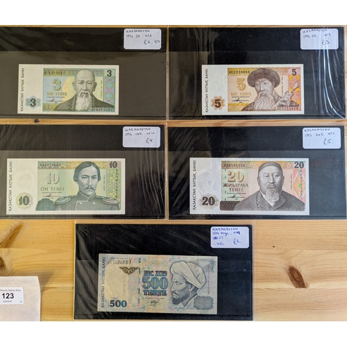 123 - Banknotes;&nbsp;Kazakhstan; 1993-99 five different notes. Retail &pound;16&frac12;.... 