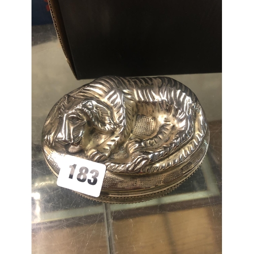 183 - VICTORIAN METAL BOX WITH DOG ON TOP