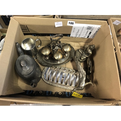 105 - BOX OF PEWTER AND SILVER PLATES