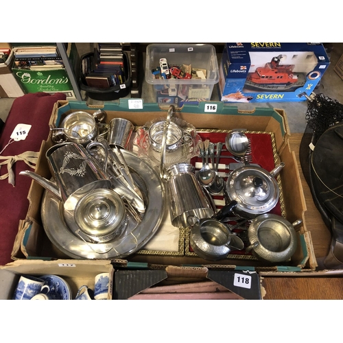 116 - QUANTITY OF SILVER PLATE, TEAPOTS KNIVES & FORKS ETC