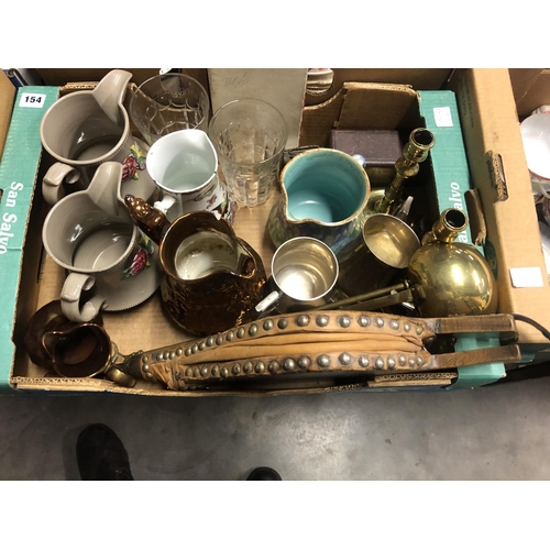 154 - BOX OF ODDS INCLUDING BELLOW AND BRASS CHINA