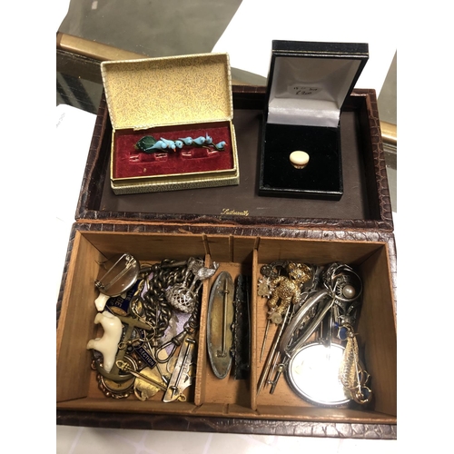 171 - LEATHER BOX OF BROACHES, WATCH CHAINS ETC