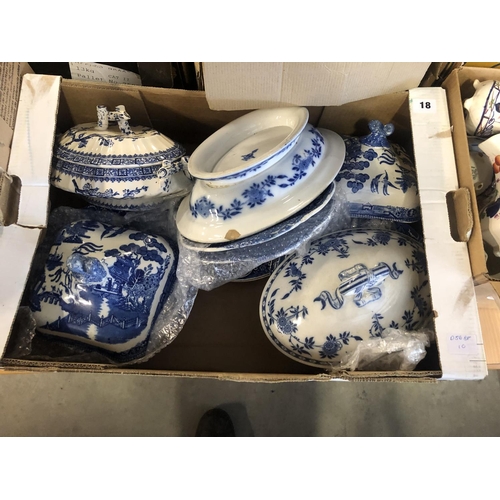 18 - BOX OF BLUE & WHITE TUREENS AND PLATES