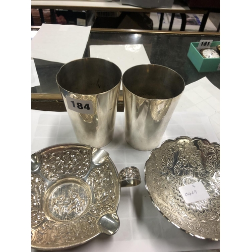 184 - HALLMARKED DUTCH ASHTRAY, DISH, AND A PAIR OF HALLMARKED WEST & SON DUBLIN TUMBLERS