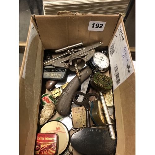 192 - BOX OF SMALLS INCLUDING SMITHS STOP WATCH, TINS ETC