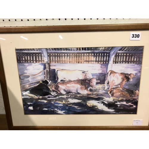 330 - WINTER WARMTH CATTLE SCENE BY WELSH ARTIST SANDY LIPMAN