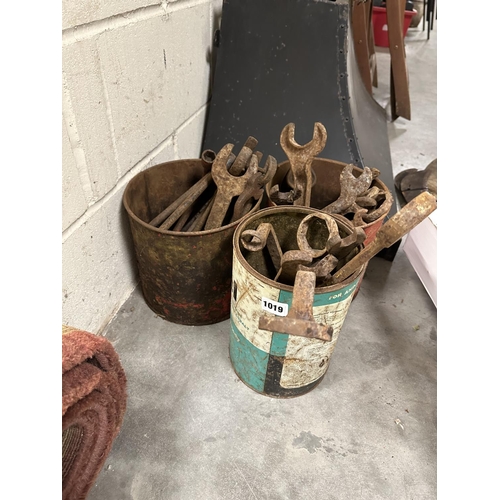 1019 - X3 TINS OF OLD SPANNERS ETC