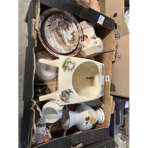 595 - BOX OF CHINA INCLUDING WHEELBARROW VASE