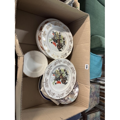 596 - BOX OF CHINA INCLUDING HUNTING PLATES