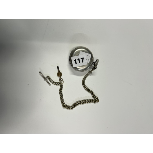 117 - SILVER POCKET WATCH WITH KEY & CHAIN W/O