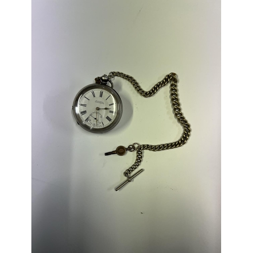 117 - SILVER POCKET WATCH WITH KEY & CHAIN W/O