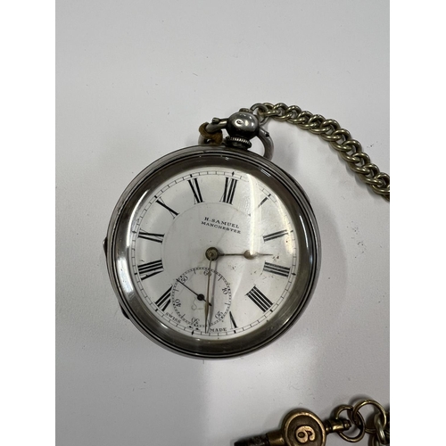 117 - SILVER POCKET WATCH WITH KEY & CHAIN W/O