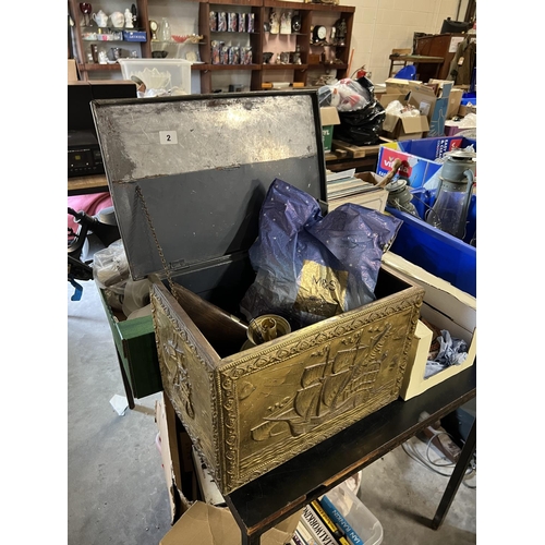 2 - BRASS LOG BOX & CONTENTS INCLUDING CASED WHETSTONE, SHEARS, BRASS LAMP ETC