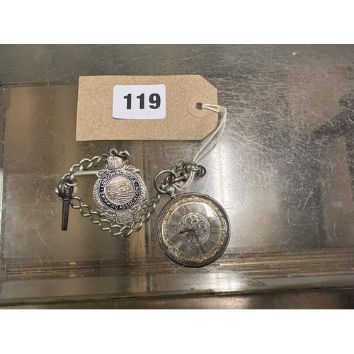 119 - SILVER ORNATE POCKET WATCH, CHAIN & KEY