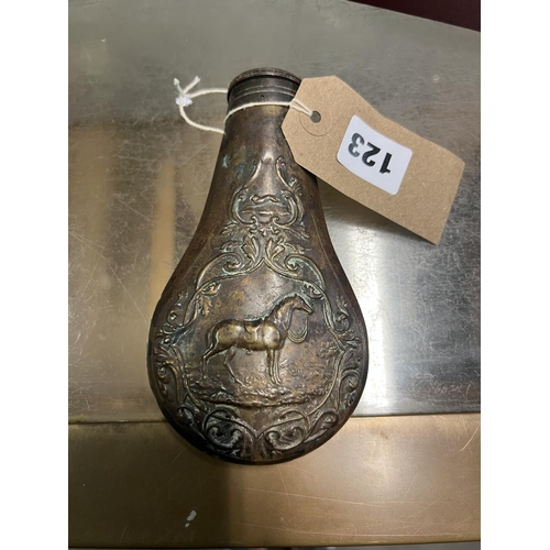 123 - OLD POWDER FLASK WITH HORSE DESIGN