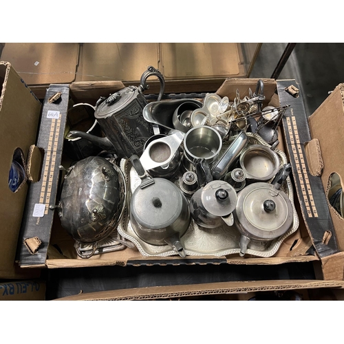 64A - BOX OF SILVER PLATED AND METAL ITEMS