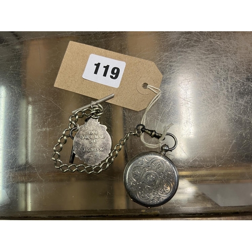 119 - SILVER ORNATE POCKET WATCH, CHAIN & KEY