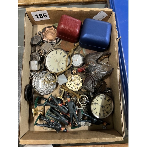 185 - TRAY OF MISC ITEMS INC POCKET WATCHES & COINS