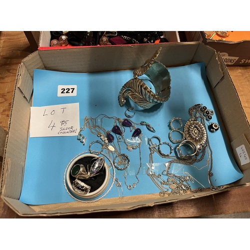 227 - ASSORTMENT OF 925 & SOME UNMARKED SILVER JEWELLERY INC LARGE CUFF BRACELET, PENDANTS WITH STONES, RI... 