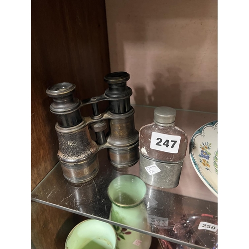 247 - ANTIQUE BINOCULARS & HIP FLASK