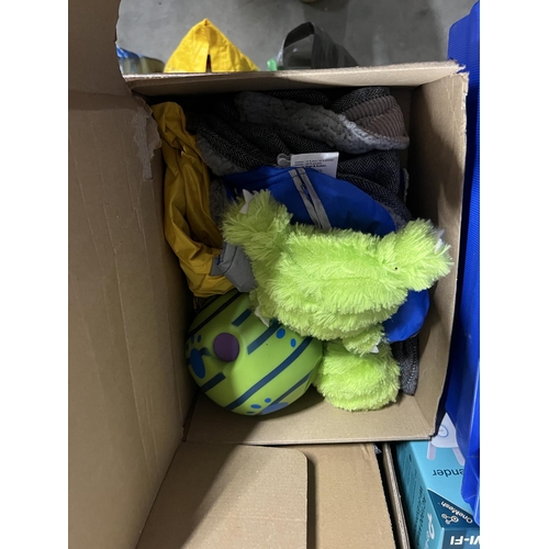 26 - BOX OF SMALL DOG COATS & TOYS