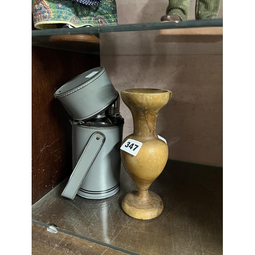 347 - TRAVEL BOTTLES & WOODEN VASE