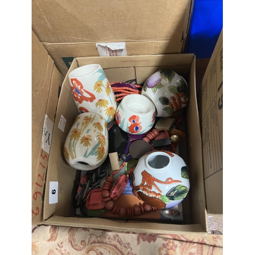 6 - BOX OF COSTUME JEWELLERY & CANDLE HOLDERS