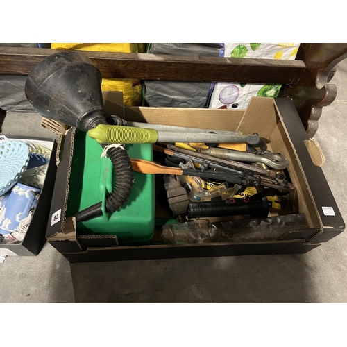 82 - BOX OF TOOLS INC PETROL CAN, BOLT CUTTERS ETC