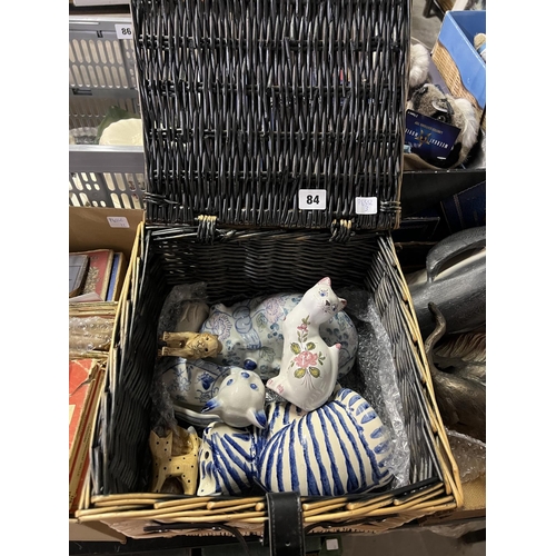 84 - WICKER BASKET WITH CHINA CAT ORNAMENTS