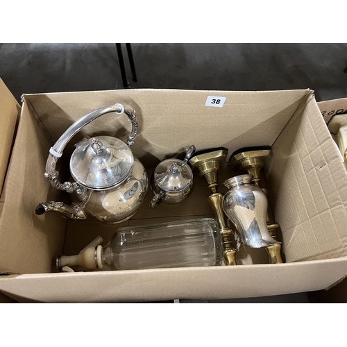 38 - BOX OF BRASS & SILVER PLATED ITEMS