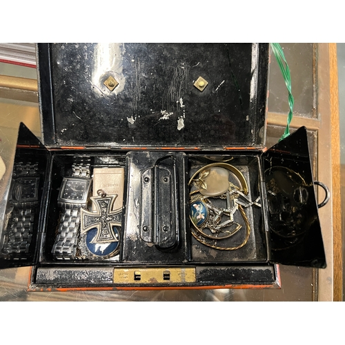 182 - OLD METAL CASH BOX, KEY & CONTENTS