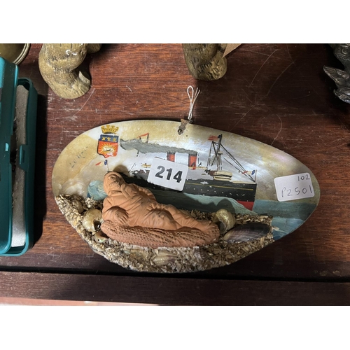 214 - OLD PAINTED SHELL WITH SHIP DESIGN