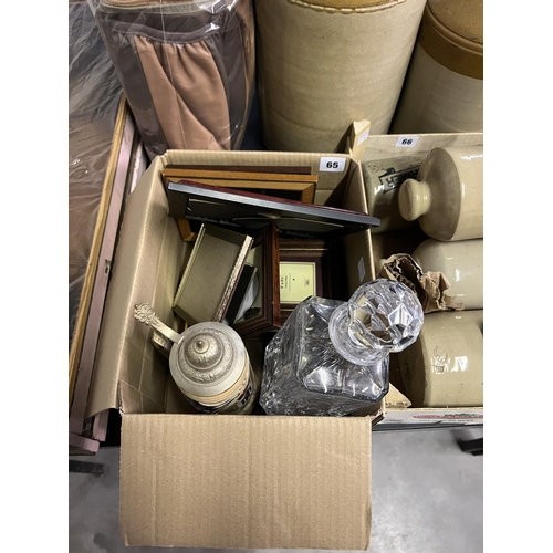 65 - BOX OF MIXED FRAMES & DECANTER