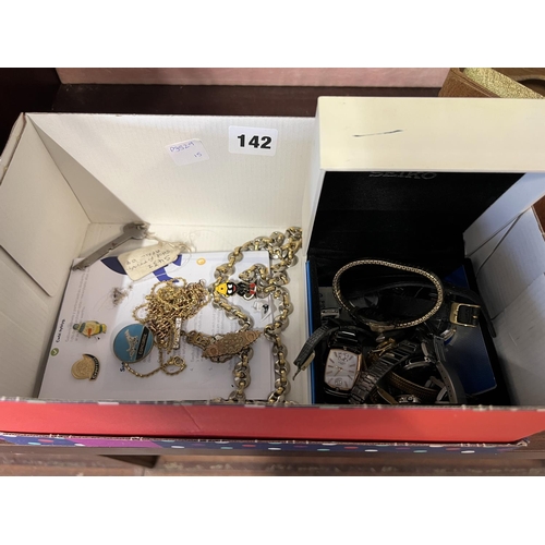 142 - BOX OF WATCHES, JEWELLERY & PIN BADGES