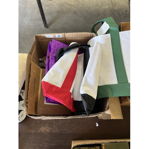 26 - BOX OF TOTE BAGS & CUSHIO