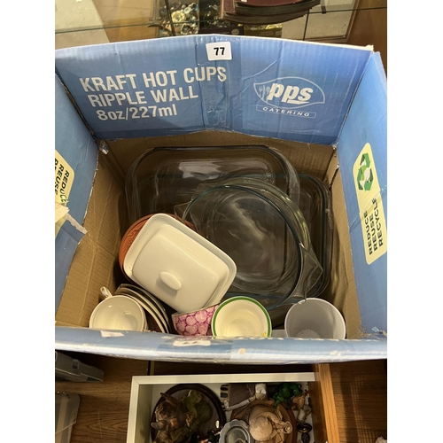 77 - BOX OF PYREX DISHES & KITCHENALIA