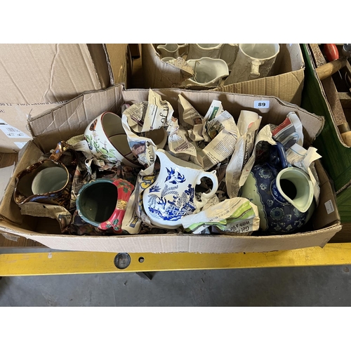 89 - BOX OF BLUE & WHITE CHINA & LUSTREWARE JUGS