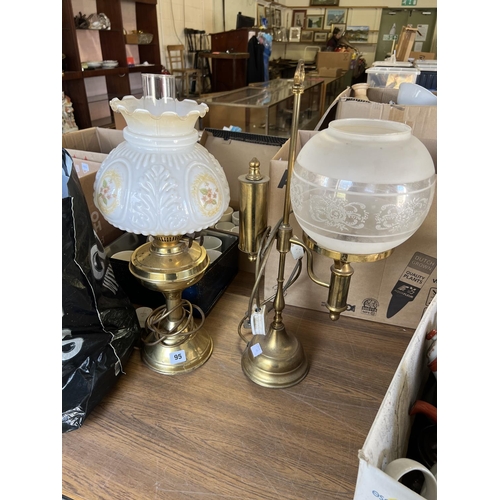 95 - BRASS LAMPS WITH CHINA SHADES