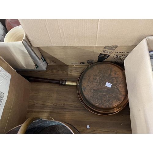 48 - COPPER BED WARMER, COAL SCUTTLE & PLATE