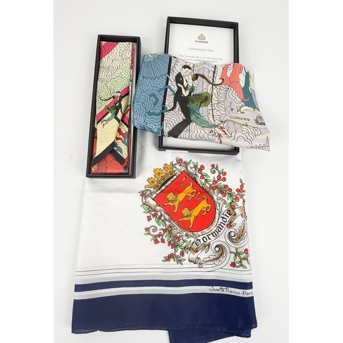 Three silk scarves, two for cunard by Jag Sihra.