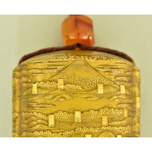 11 - A Japanese Gilt Lacquer Five-Case Inro, signed Kosai with red seal, of oval section, with raised dec... 