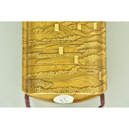 11 - A Japanese Gilt Lacquer Five-Case Inro, signed Kosai with red seal, of oval section, with raised dec... 