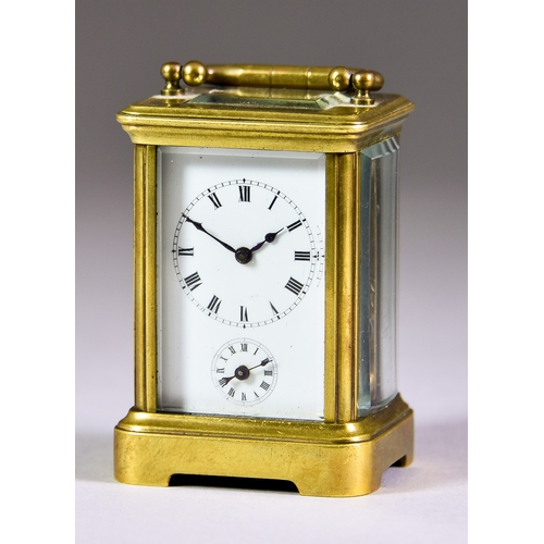 117 - A French Miniature Carriage Clock with Alarm, the white enamel dial with Roman numerals to the two t... 