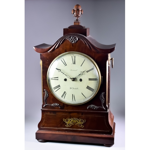 118 - A George III Mahogany Bracket Clock by Bennett of St Austell, the 8ins diameter domed painted dial w... 